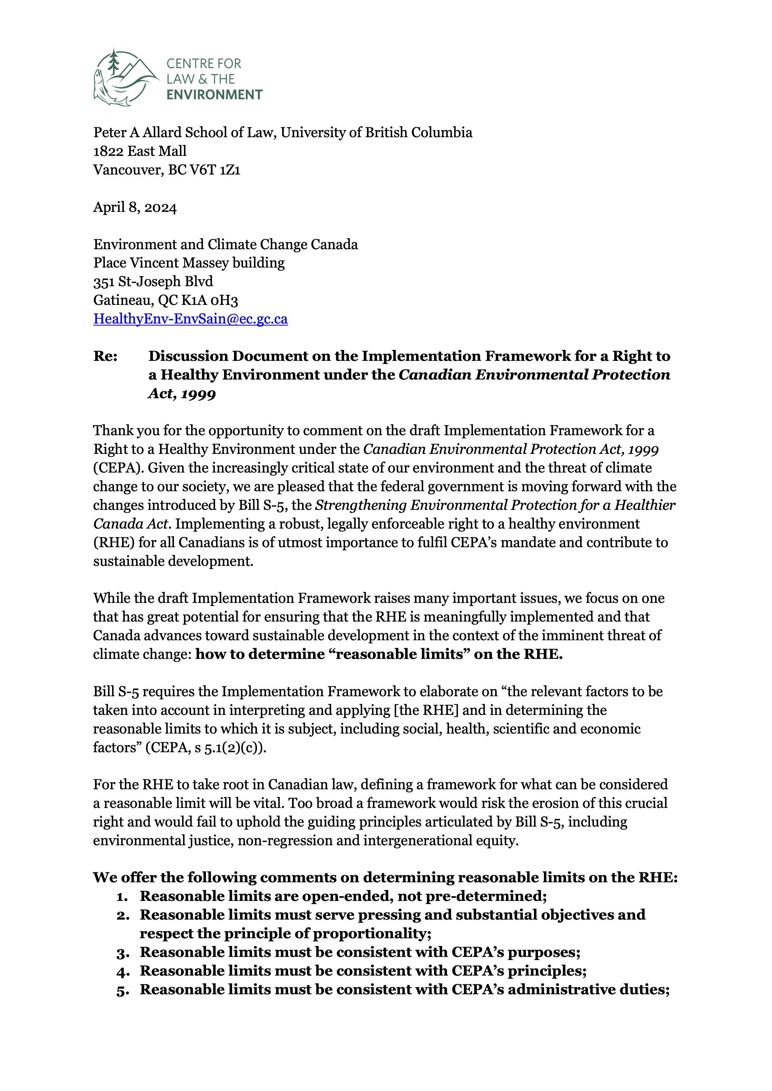 First page of the CLE's submission on the CEPA Right to a Healthy Environment Implementation Framework Discussion Document