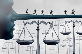 Silhouettes running on long Pinnochio-style nose, scales of justice are underneath 